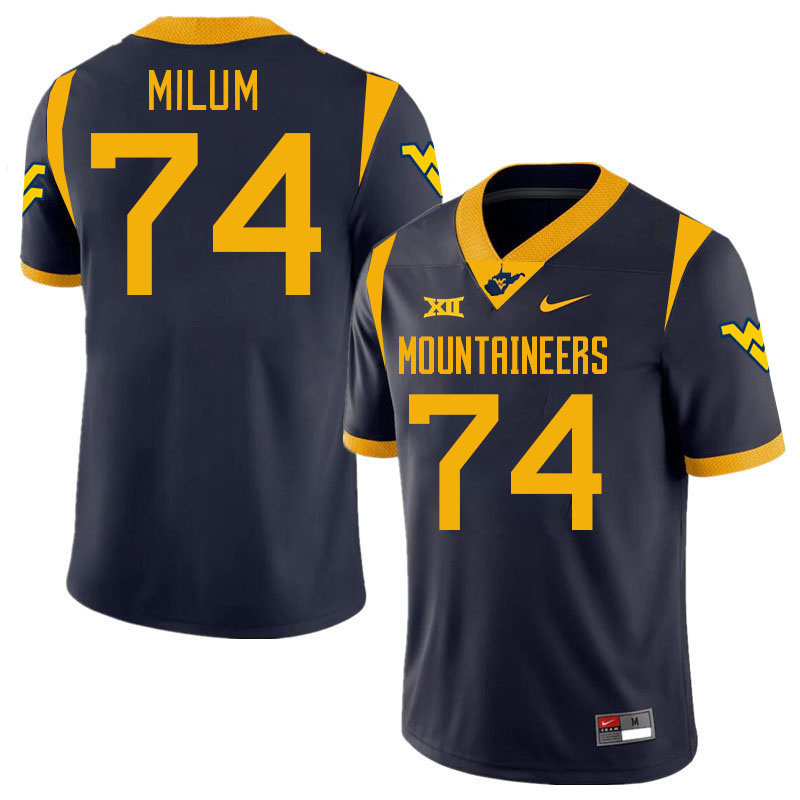 #74 Wyatt Milum West Virginia Mountaineers College 2024 New Uniforms Football Jerseys Stitched Sale-Navy